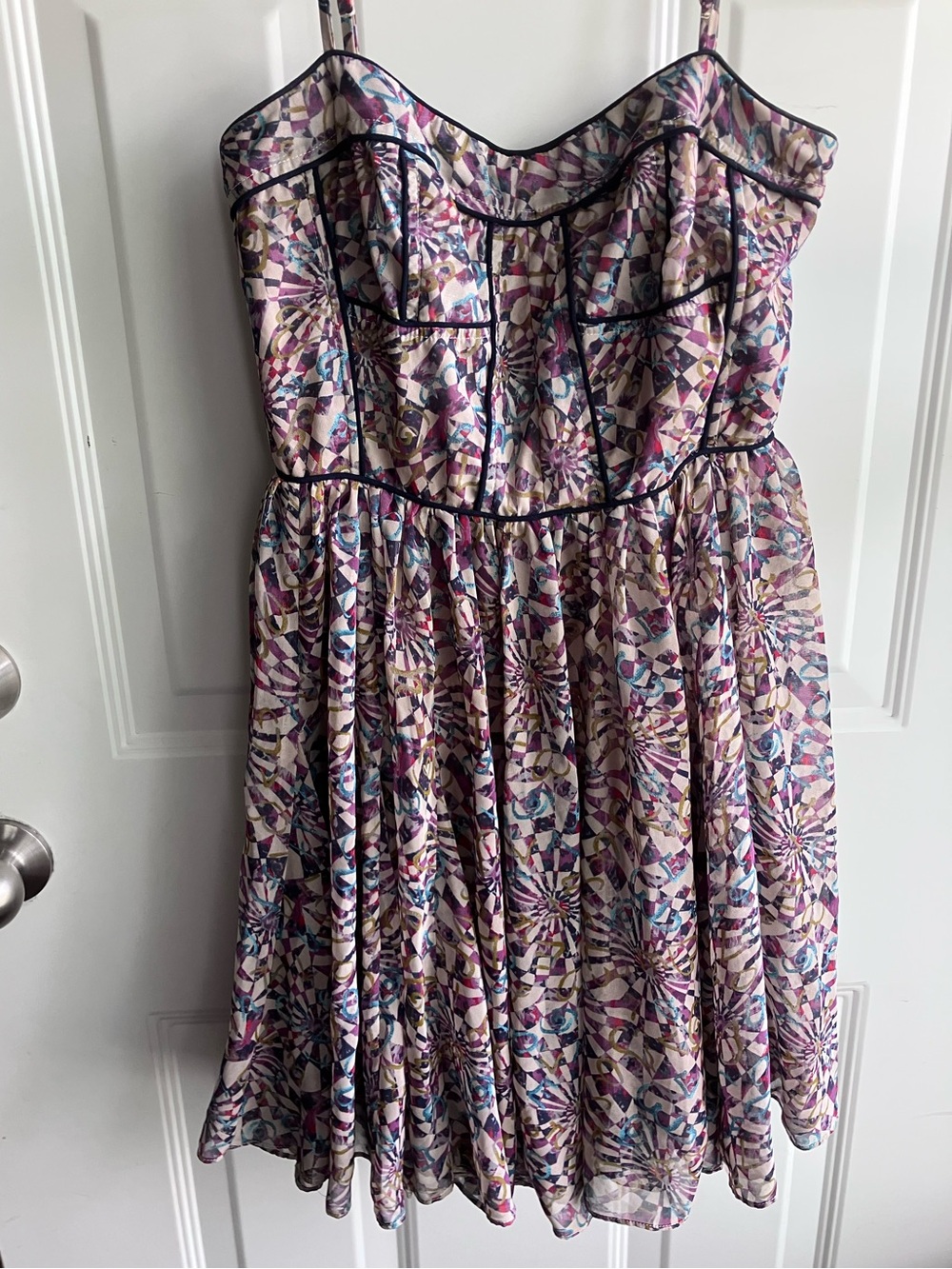 MM Couture by Miss Me geometric party dress purple blue black cream medium
